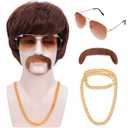 70s 80s Costume Wigs for Men with Mustache Glasses and Chain Short Brown Shaggy Disco Wig for Singer Rocker Hippie Retro Cosplay Halloween Party