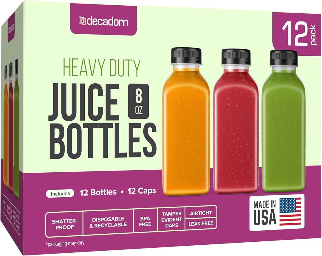 DECADORN 8oz 12pcs Plastic Bottles With Caps - Juicing Bottles For Juicing - MADE IN USA Clear Mini Bottle With Lids - Drink Container - Shatterproof, BPA-Free, Leak proof, Disposable & Recyclable