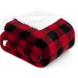 PAVILIA Buffalo Check Sherpa Blanket Throw Queen,Red Black Checkered Flannel Fleece Blanket,Christmas Plaid Warm Plush Microfiber Blanket for Couch Sofa,90x90 Inches
