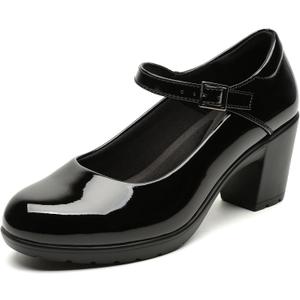 Womens Mary Jane Dress Shoes Chunky Low Block Heels 7CM Closed Toe Work Platform Pumps Dressy Orthopedic for Business Flight Wedding Office Ankle Strap Leather Casual Comfort with Arch Support (Black)