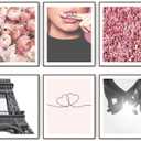 HoozGee Wall Art Prints Paris Decor for Bedroom Pink Flower Wall Decor Line Minimalist Heart Shaped Love Holding Hands Poster Fashion Paris Photography Pictures Room Decor (8"x10" UNFRAMED)