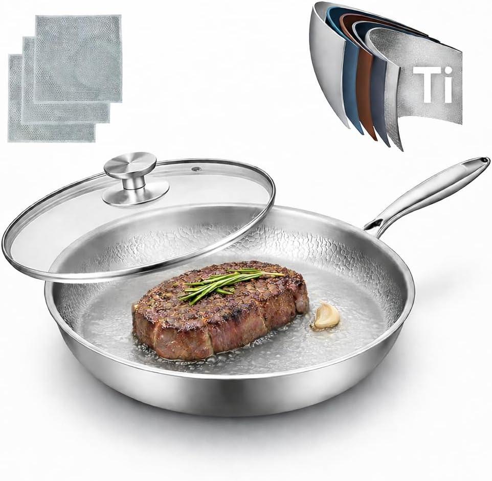 Pure Titanium Hammered Frying Pan with Lid, 12 Inch Skillet, No Coating Safe Cookware, Even Heat & Scratch Resistant for Steak, Eggs & Healthy Cooking