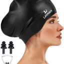 Large Long Hair Swim Cap with Extra Room for Women Men, Silicone Swimming Cap for Long Thick Hair with Ear Plugs Nose Clip Set, Adult Waterproof Swim Hats Bathing Caps to Keep Hair Dry (Black)