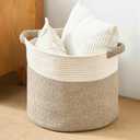 Blanket Basket - Woven Round Rope Storage Basket (16"Wx14"H) for Blankets & Throws, Small Laundry & Toy Organizer, Decorative Living Room & Bedroom Cotton Basket - White & Brown