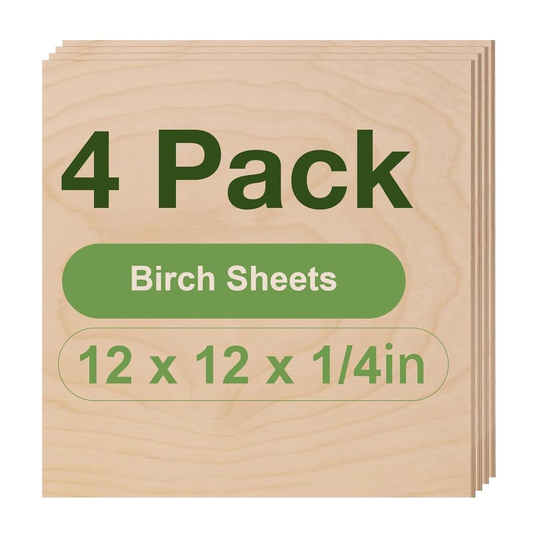 Rowood 4 Pack Birch Plywood 1/4,12x12x1/4inch,Birch Plywood 6mm Wood Sheets Thin Unfinished Wood for Laser Cutting and Engraving,DIY Adult Craft Project Kits for Ornaments, Models Drawing