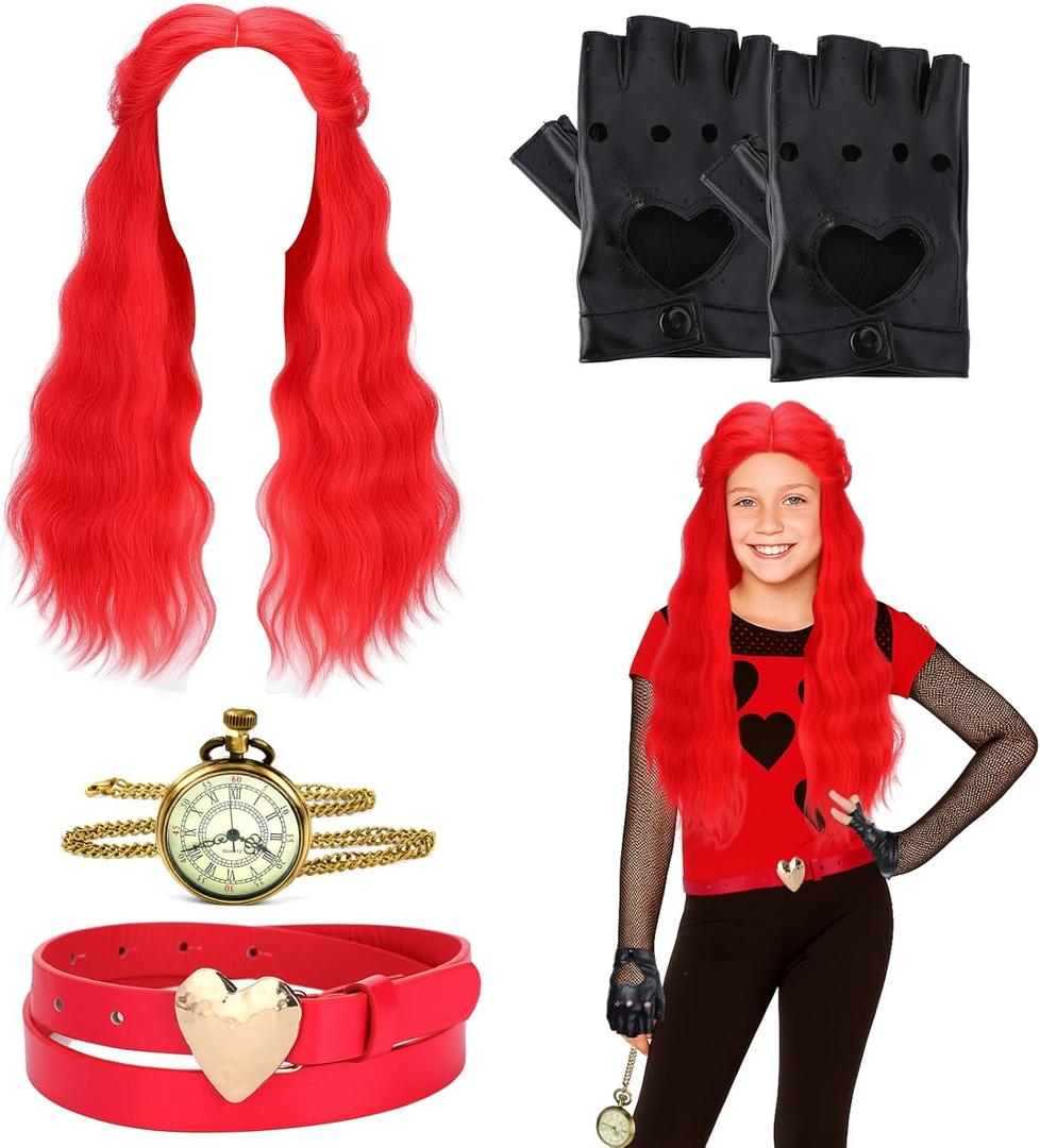 4 Pcs Red Halloween Women Costume Accessories Include Red Curly Wig Watch Belt Black Gloves for Girls Princess Cosplay Outfit