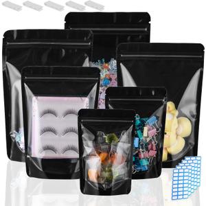 200 Mylar Bags for Food Storage 6X9 Mylar Bags with Window Large Candy Packaging Resealable Bags Black Stand Up Pouches Edible Packaging for Small Business