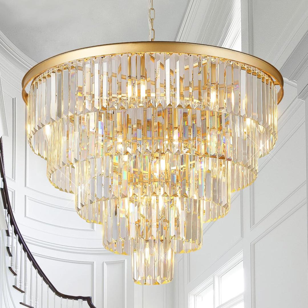 Large Crystal Chandeliers Modern 30Gold Chandelier for Foyer Staircase Chandeliers 5 Tiers 16 Lights Luxury K9 Ceiling Pendant Lighting Fixture for Dining Room Bedroom