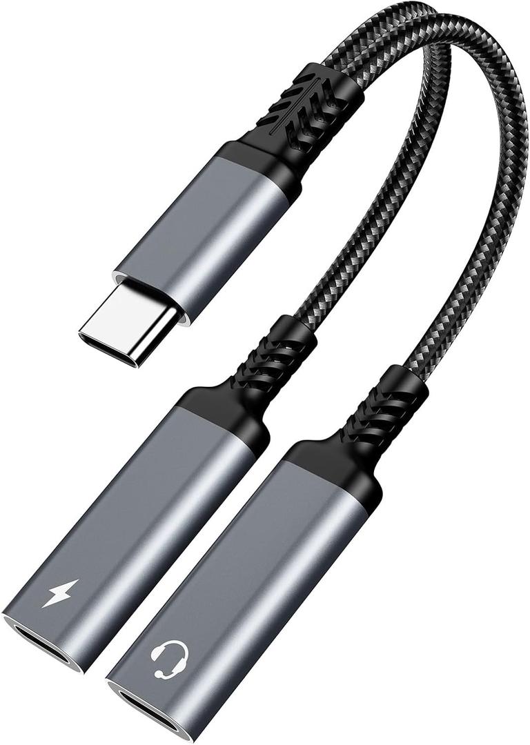 Marsno USB C Splitter, 2-in-1 Dual USB C Headphone and Charger Adapter, Type C Audio Dongle Cable with PD 60W Fast Charging Support Call Music for iPhone 17 16 15, Pixel 4 3, Galaxy S25 S21, Xperia (Grey)