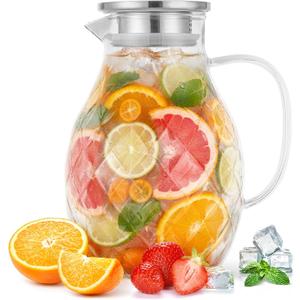 Glass Pitcher with Lid and Spout - 2 Liter / 68 oz, Borosilicate Glass w/Handle - Carafe for Hot/Cold Beverages - Water Jug - Iced Tea Pitcher - Juice Server - by PJC-Kitchen