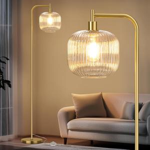 QiMH Glass Floor Lamp for Living Room, Modern Standing Lamp with Ribbed Clear Glass Lampshade Pedal Switch, 67 Tall Lamp for Bedroom Study Room, Brushed Gold (2700K LED Bulb Included)