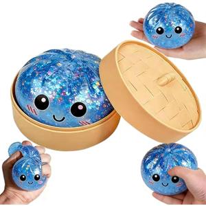 Dumpling Squishy,Dumpling Squishy Mystery Box Glitter Sensory Fidget Balls Stress Relief Hand Toy for Adults & Teens, Easter BasketStuffers with Mini Food Steamer Stretchy Desk Toys (Blue Style 2)