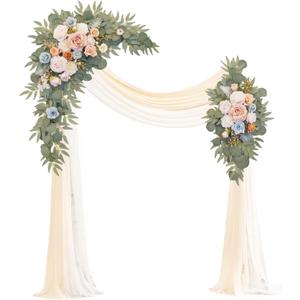 Artificial Wedding Arch Flowers Kit(Pack of 4),2Pcs Artificial Flower Arch Decor, 2Pcs Chiffon Fabric Drapes, Ceremony Decoration, Floral Outdoor Party Decor (Champagne & Blue)