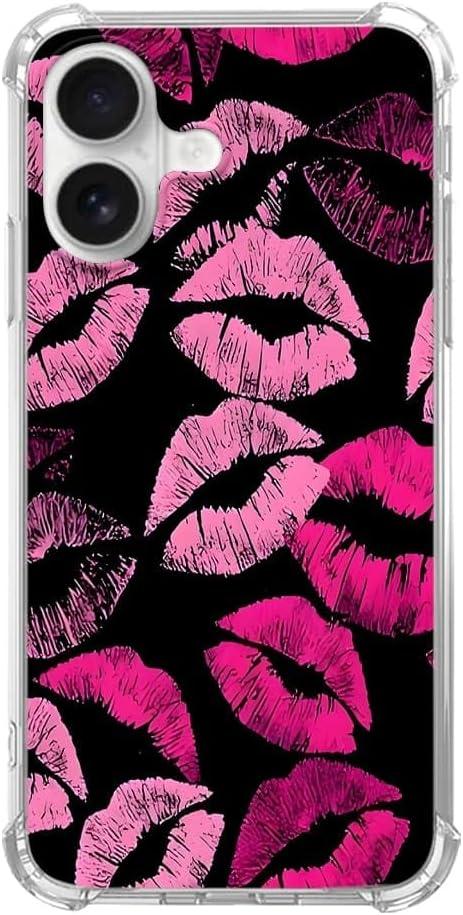 Vibrant Lipstick Kiss Case for iPhone 16, Bold Pink Lip Print, Soft TPU Bumper Cover for iPhone 16