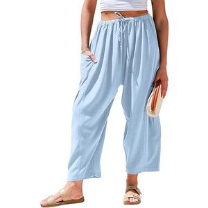  Womens Linen Wide Leg Pants Casual Loose Drawstring Summer Beach Travel Vacation Palazzo Harem Pants with Pockets, Light Blue Small