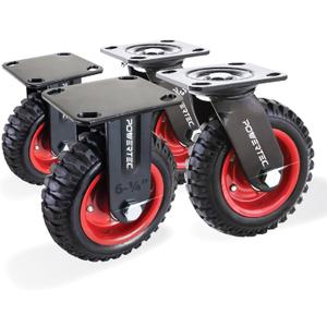 POWERTEC 6 Inch Caster Wheels Set of 4 (2 Swivel & 2 Fixed), Heavy Duty Casters w/Rubber Knobby Tread for Workbench, Dolly, Cart, Trolley, Wagon, Toolbox & Chicken Coop, Large Castor Wheels (17054V)