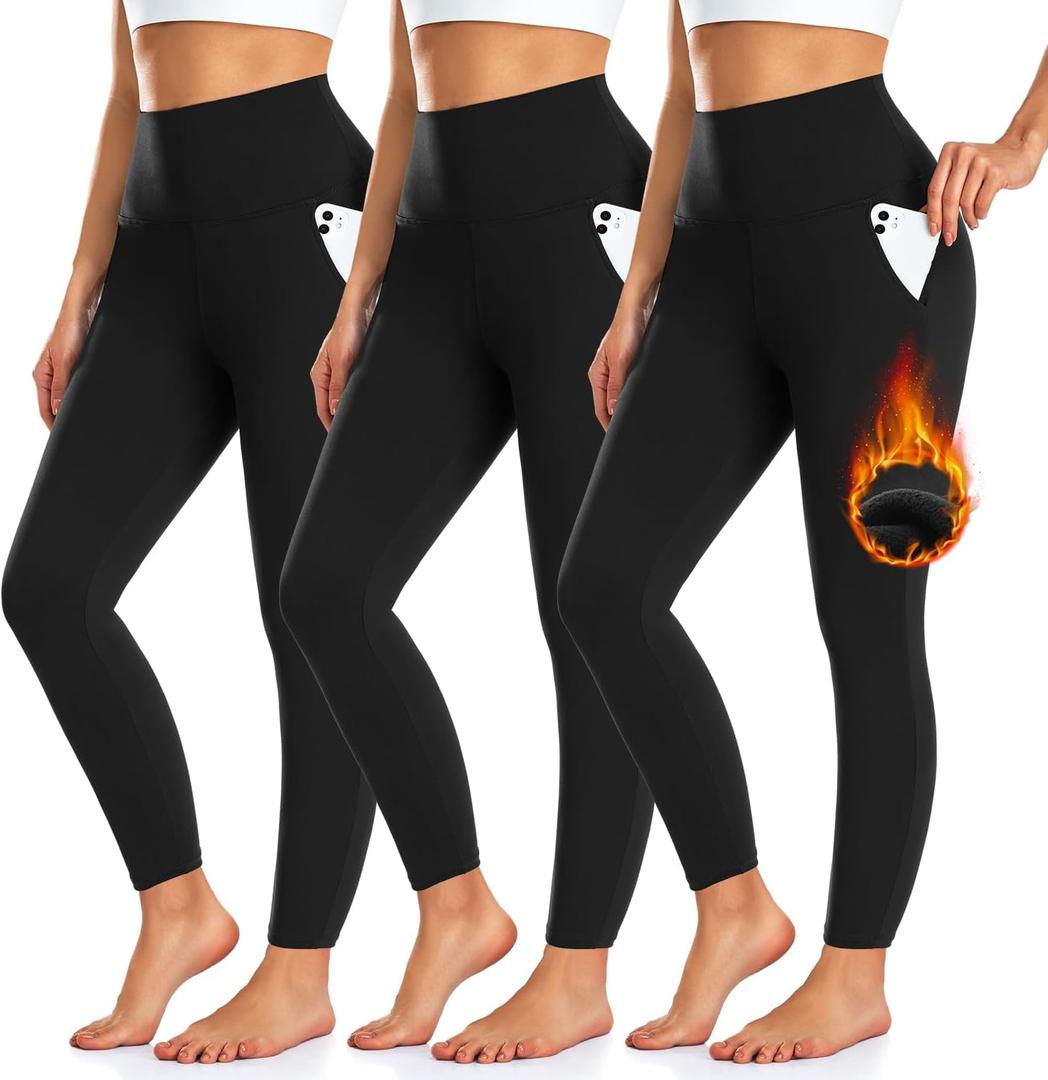 3 Pack Fleece Lined Leggings Women with Pockets -Warm Winter Yoga Pants for Women Thermal Running Workout Leggings (Large-X-Large)