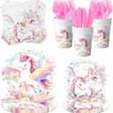 Unicorn Birthday Decorations,144pcs Unicorn Plates and Napkins Cups Pastel Rainbow Unicorn Birthday Decorations Tableware for Girl Unicorn Party Supplies, Serves 24