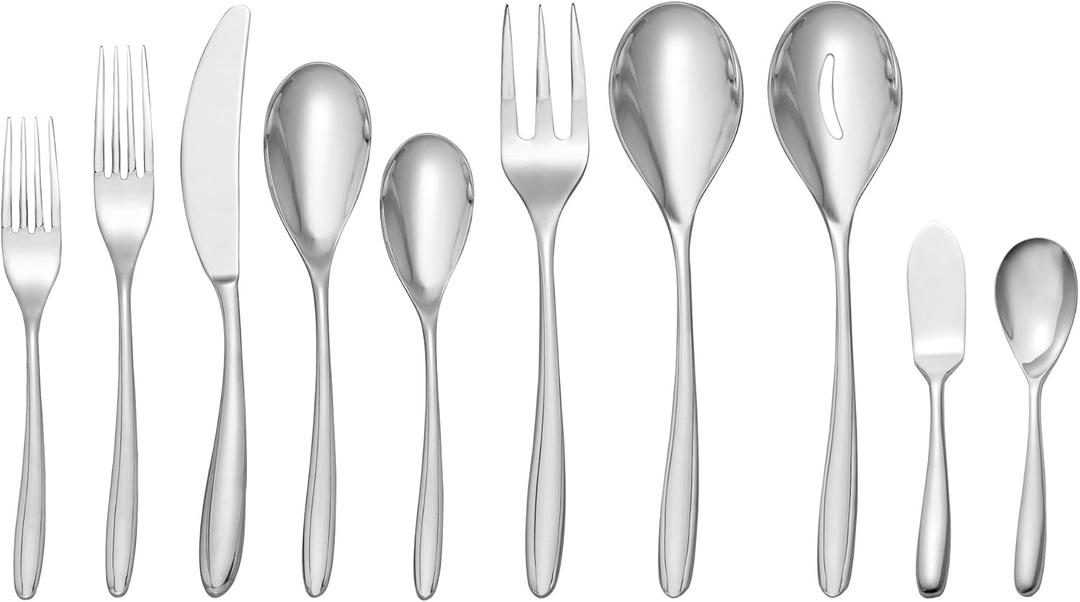 nambe 20 Piece Flatware Set, 18/10 Mirror Stainless Steel Silverware Cutlery Set, Designed for Home, Hotel, or Restaurants, Service for 8 and a 3pc Hostess Utensil Set, Dishwasher Safe (7571)