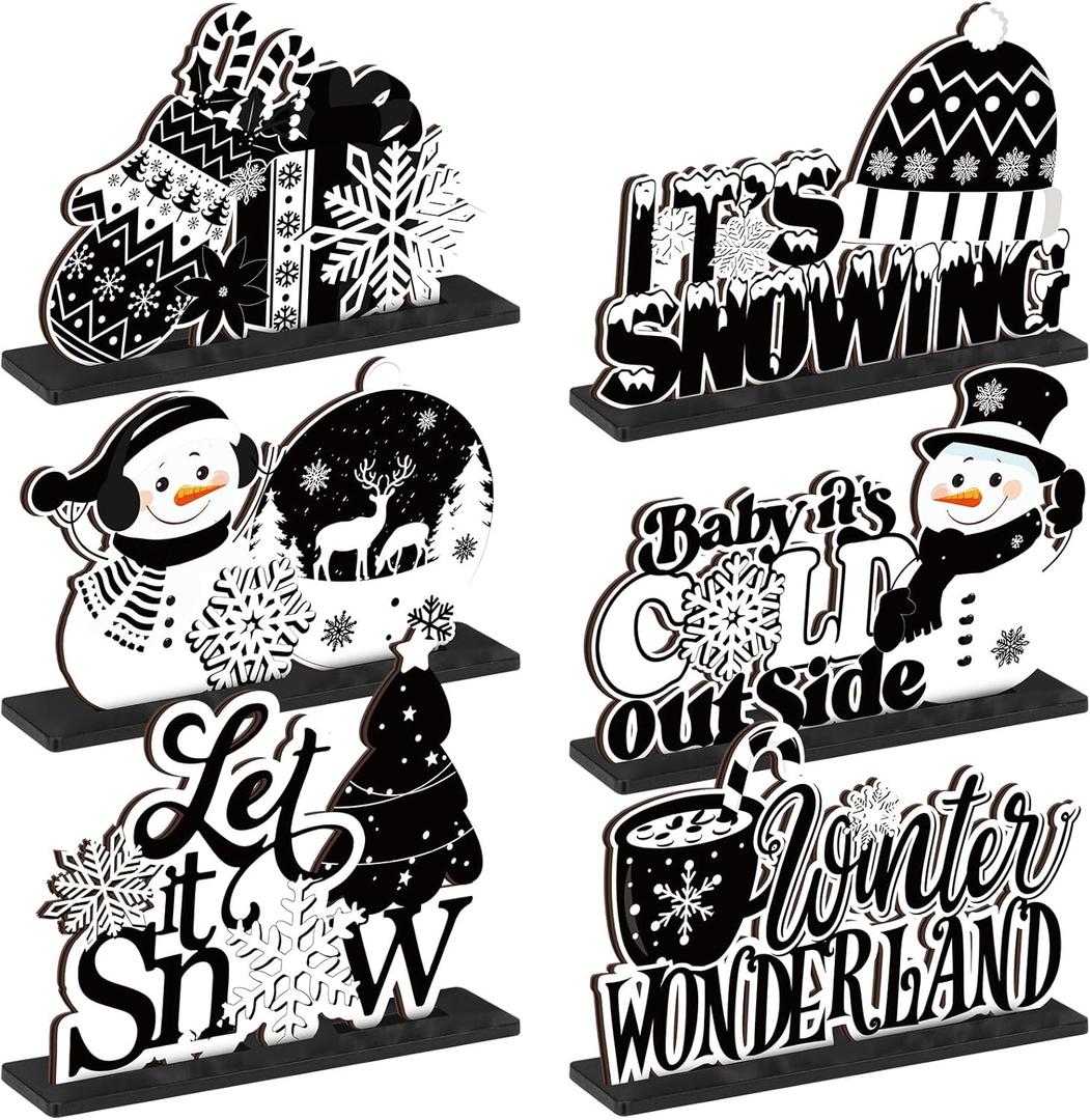 6 Pcs Winter Wooden Table Decor Snowflake Snowman Wooden Centerpieces Wonderland Decor for Winter It's Snow Theme Xmas Birthday Baby Is Cold Outside Party Supplies(Black White)