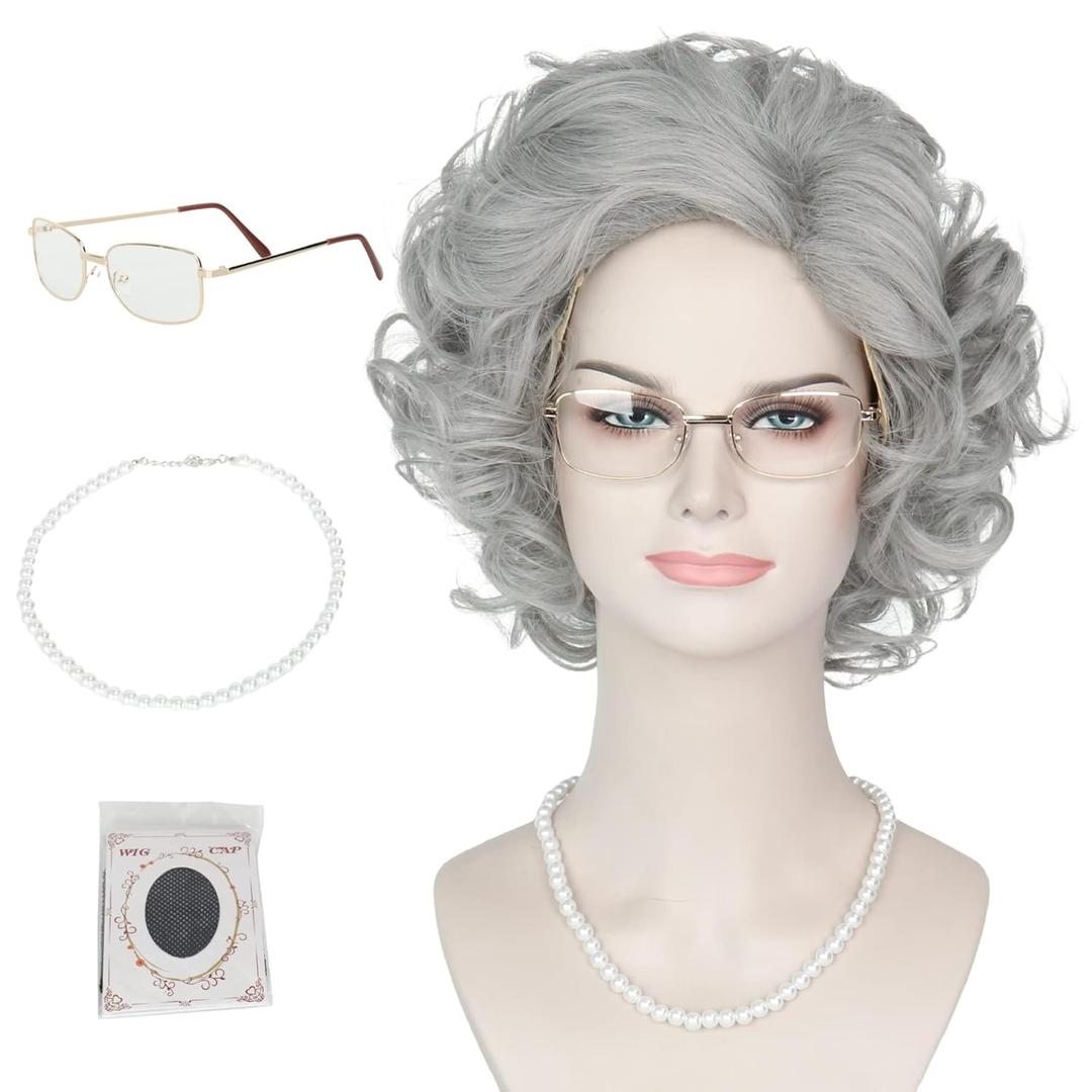Yan Dream Short Curly Grey Old Lady Wig Old Women Grandma Wig with Granny Glasses Necklace for Cosplay Halloween