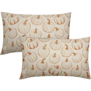Fall Lumbar Pillow Covers 12x20 Set of 2 Burnt Orange Pumpkin Autumn Themed Thanksgiving Harvest Print Throw Pillows Outdoor PillowCase Farmhouse Linen Cushion Case Decor for Sofa Couch Bed
