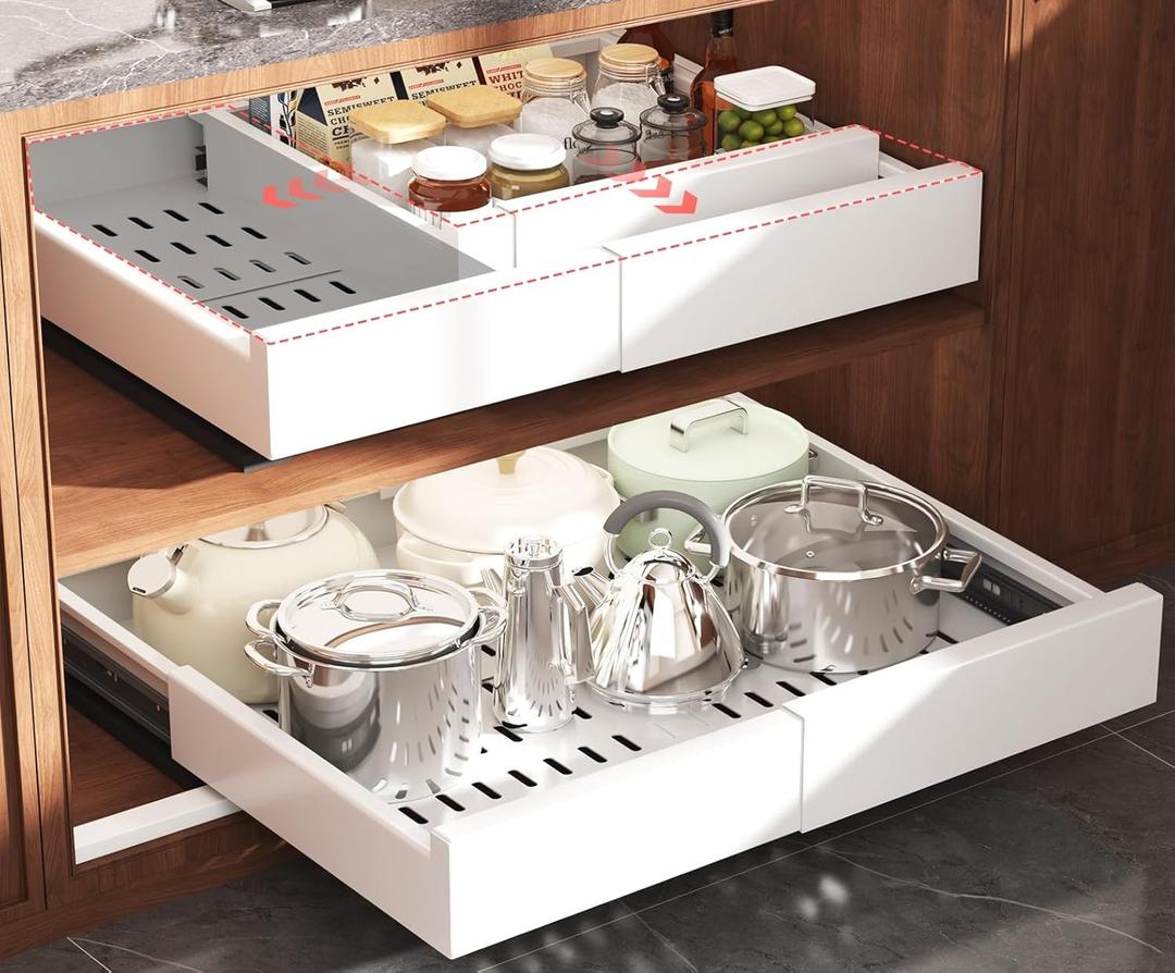 2 Pack Pull Out Cabinet Organizer Expandable Width(13"-21") and Depth(13"-17"),Slide Out Drawers With Raising Pad for Framed Cabinets,No Drill Roll Out Shelves for kitchen,Bathroom,White