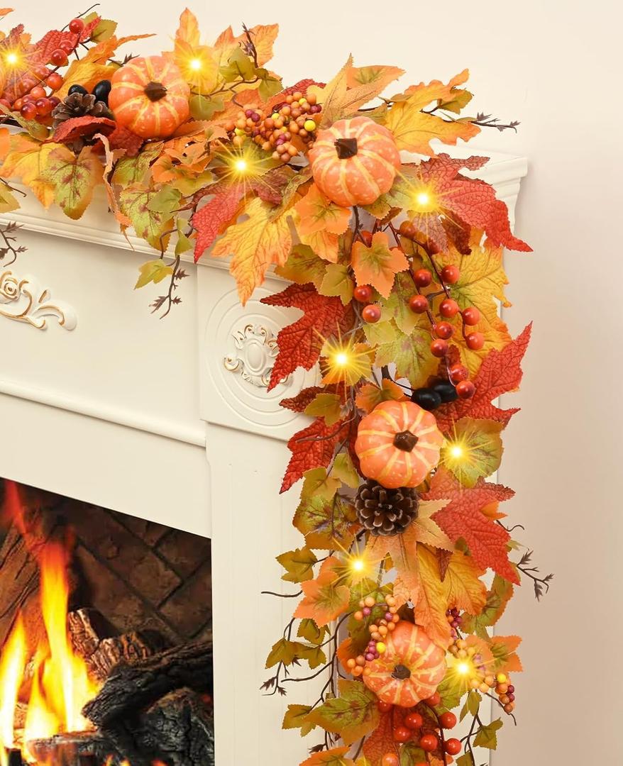 Fall Garland for Mantle, 5.9 FT Artificial Fall Leaves Garland with Lights Maple Leaves Pumpkins, Gorgeous Fall Decorations for Home Front Door Mantel Centerpieces Thanksgiving Decor