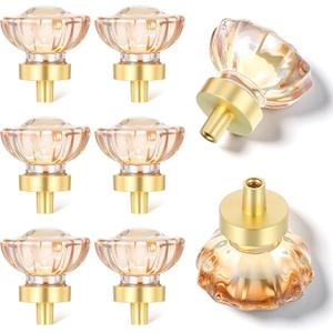 6 Pack Crystal Cabinet Knobs Drawer Knobs, 1.4" Diameter Glass Handles, Flower Vintage Glass Clear Crystal Small Pull, for Kitchens, Closet, Dresser Drawers, Cupboard, Wardrobe, Champagne