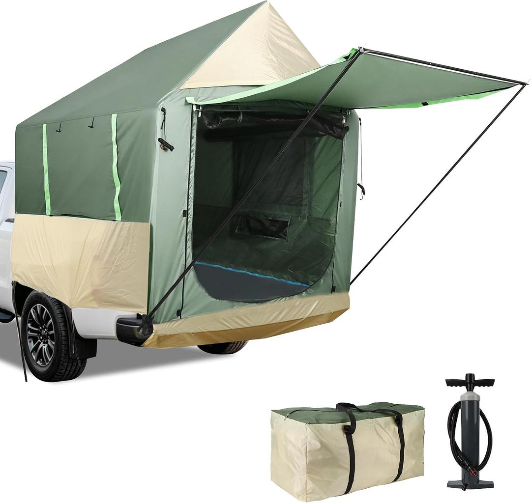 Truck Bed Tent 5.5ft-8ft Easy Set up Inflatable Pickup Truck Tent with Pump for Camping PU 3000mm Waterproof Dual-use Pickup Tent or Camping Tent for 2 Person Double Layer Mesh Window & Door
