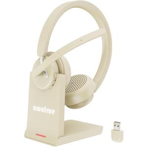 awatrue Wireless Headset with Mic for Work, Bluetooth Headset with AI Noise Cancelling Microphone & Charging Base, 2.4GHz Wireless Headphones with USB Dongle for Computer/ Remote Work/ Call Center/ Zoom