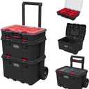 Keter Stack-n-Roll Modular Tools Organizer for Garage Storage and DIY, 3 Piece Resin Rolling Tool Box System for Small Parts, Black