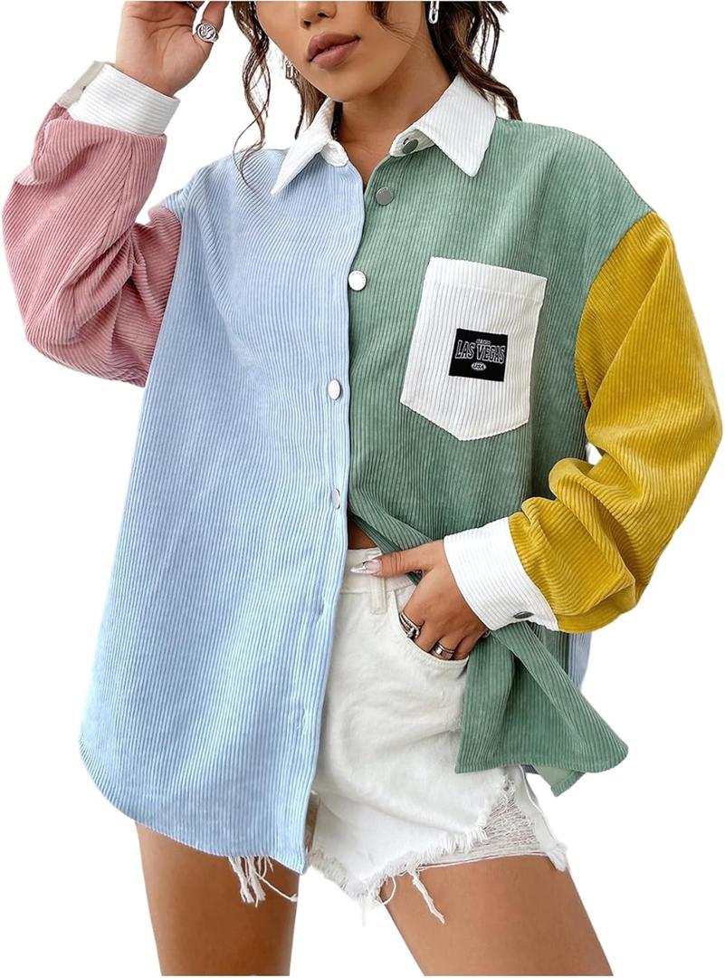 OYOANGLE Women's Corduroy Button Down Shirts Boyfriend Long Sleeve Drop Shoulder Colorblock Letter Patched Blouses Coats, X-Small, Green