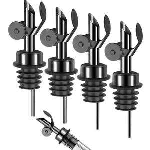 4 Pack Professional Olive Oil Dispenser Spout Stainless Steel Pour Spouts, Weighted Olive Oil Spout with Auto Flip Dust Caps for Alcohol Olive Oil Bar Bartender Accessories Black