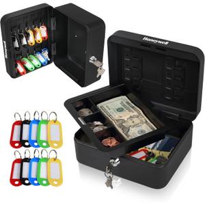 Honeywell Safes & Door Locks - Convertible Small Cash Box with Removable Money Tray - Durable Lock Box with Storage Under Tray & 10 Key hooks - Metal Money Safe with Key Lock - Black, 0.1 CU - 6111 (6.6x7.9x3.5)