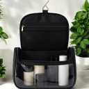 Travel Essentials, Toiletry Bag for Women & Makeup Bag with Hook  High-Capacity Travel Hanging Wash Bag | Black PU Leather, Transparent Base, Zipper Closure, Luxe Look, Durable & Stylish