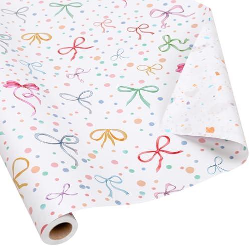 LaRibbons Reversible Bow Wrapping Paper Jumbo Roll with Pink Pom Pom, Coquette Bow & Colorful Terrazzo Design Gift Wrap for Girls, Women, Baby Shower, Birthday Party, 30 Inch × 40 Feet (100 sq. ft. ttl.)