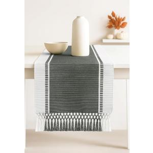 PurpleEssences Table Runner - Wide with Dobby Stripe, Heavy Ribbed Weave & Double Knot Fringes, 14x54 Inch (14x59.5 with Fringes) Farmhouse Decor Spring Easter Summer - Artichoke Green and H.White
