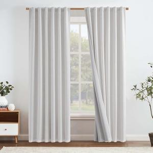 jinchan Linen 100% Blackout Curtains for Bedroom Living Room 90 Inches Long Grayish White Farmhouse Thermal Insulated Curtains Rod Pocket Back Tab Window Drapes with Gray Lining 2 Panels