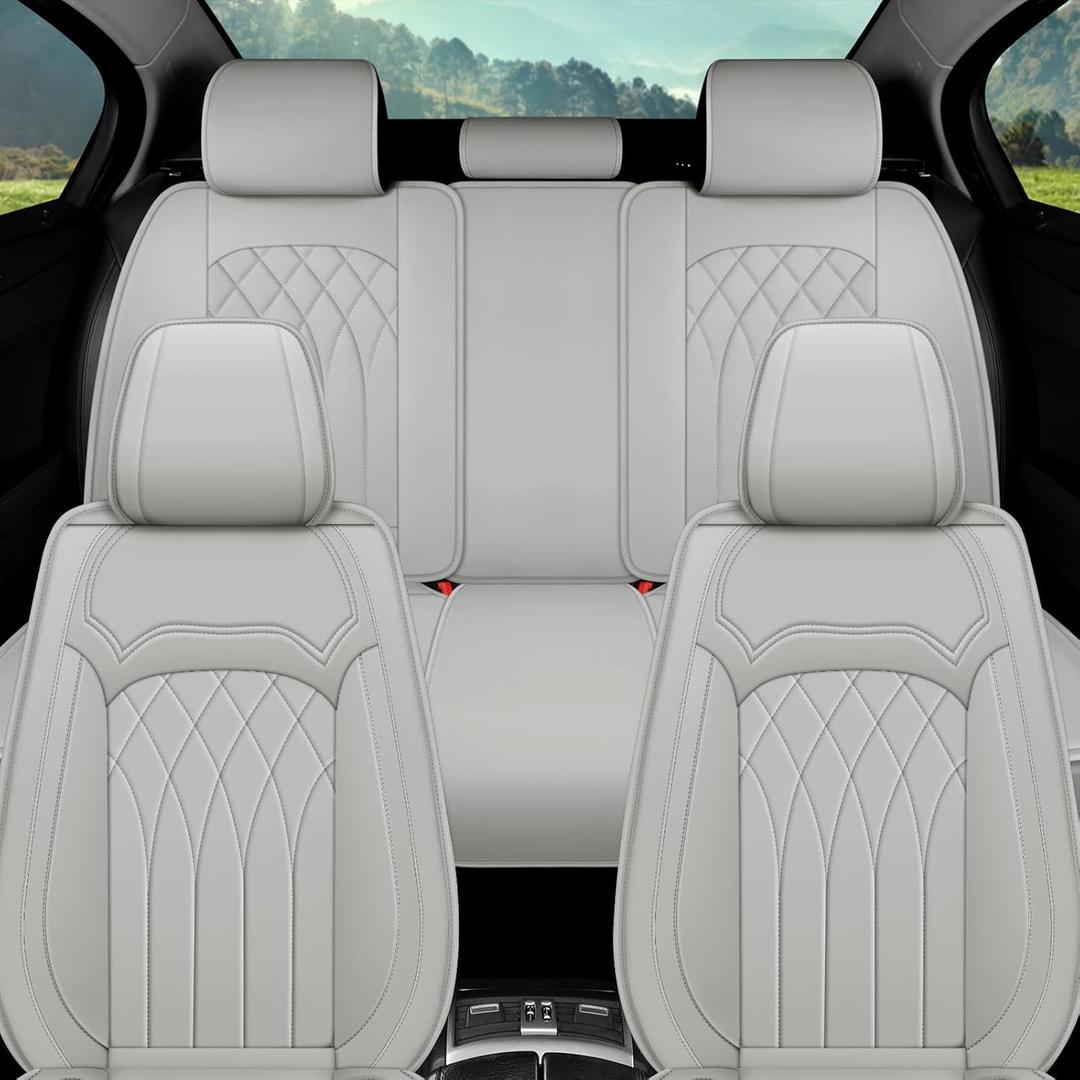 Car Seat Covers Full Set, 5 Seat Covers for Cars, Car Seat Protector Waterproof, Luxury Leather Car Seat Cushion, Car Seat Covers Front Seats and Back Fit for Most Cars (Gray, Full Set)