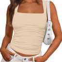 PRETTYGARDEN Tank Tops for Women 2026 Summer Sleeveless Square Neck Double Lined Tops Spring Ruched Going Out Y2K Clothes (Beige, L)