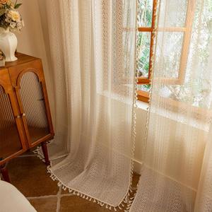 Sutuo Home Beige Boho Lace Curtains 96 inches Long for Living Room Dining Room,Sheer Window Curtains Farmhouse Privacy Crochet Vintage Tassels Rustic Victorian Style Rod Pocket Decor, 2 Panels 50" W
