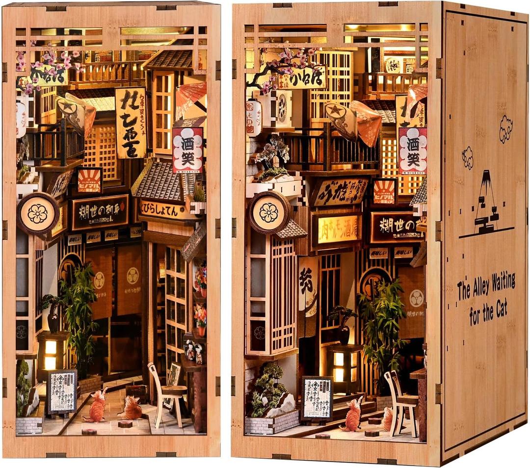 CRIOLPO Book Nook Kits for Adults - DIY Miniature Bookshelf Insert with LED Lights, Creative Craft Book Nook Kits for Adults, Cat Waiting Alley Japanese bookends Gifts for Family Friends Lovers