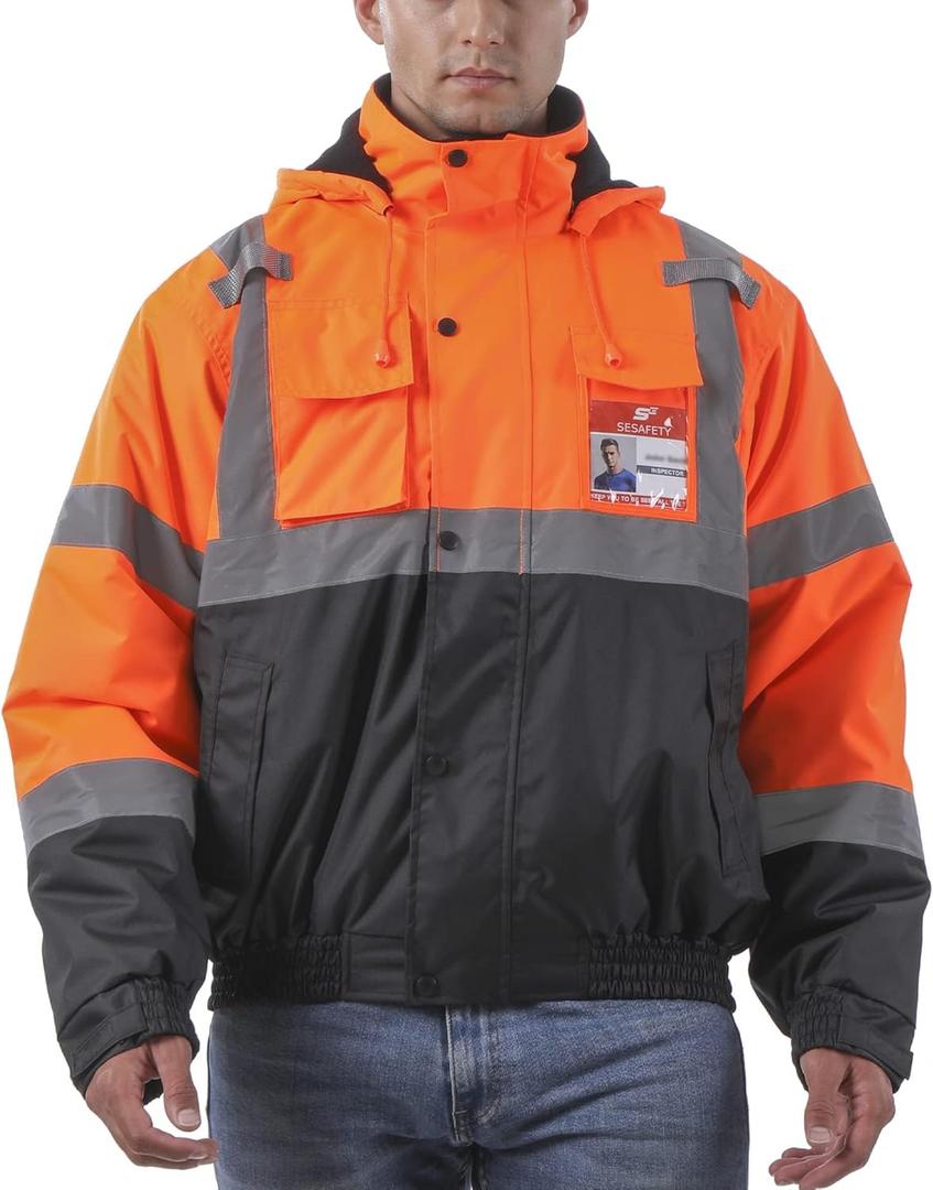 sesafety Reflective Jacket for Men, High Visibility Jackets, Safety Jackets for Men, Hi Vis Construction Bomber Jackets Waterproof with Pockets and Zipper, Black Bottom, Class 3 (XX-Large, Orange)