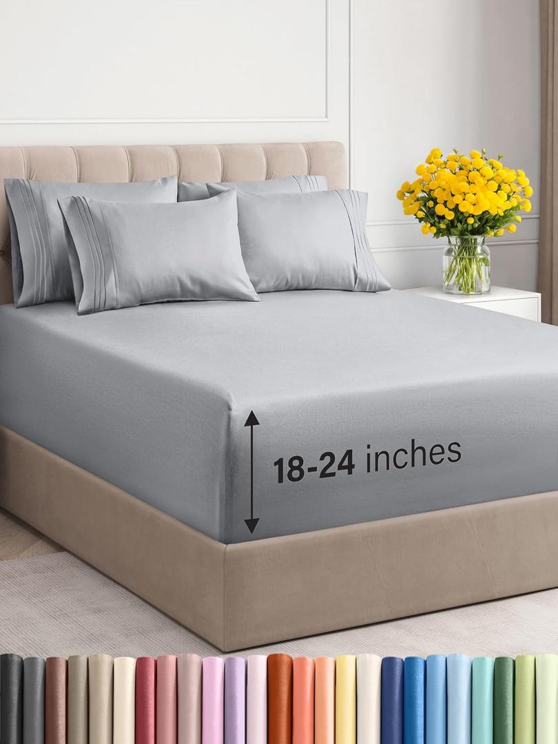 Extra Deep King Sheet Set - 6 Piece Breathable & Cooling Sheets - Hotel Luxury Bedding Set with 18-24 Inch Extra Deep Pockets - Easy Fit - Super Soft, Wrinkle Free and Comfy - Steel Blue, King Size