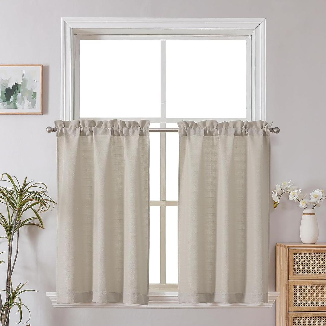 Chyhomenyc 2 Panels Kitchen Curtains 36 Inch Length, Faux Linen Textured Small Cafe Curtains, Light Filtering Short Window Curtains for Bathroom Basement, Each 30x36 inch, Moon Beige