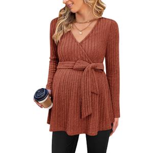 FMEYOA Womens Maternity Shirts Long Sleeve Pregnancy Tops Casual V Neck Ribbed Knit Pregnant Blouses (Brown, S)