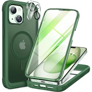 Miracase Glass Series for iPhone 15 Case [Compatible with MagSafe] Full-Body Magnetic Case with Built-in 9H Tempered Glass Anti-Fingerprint Screen Protector + Camera Lens Protector, Matte Green