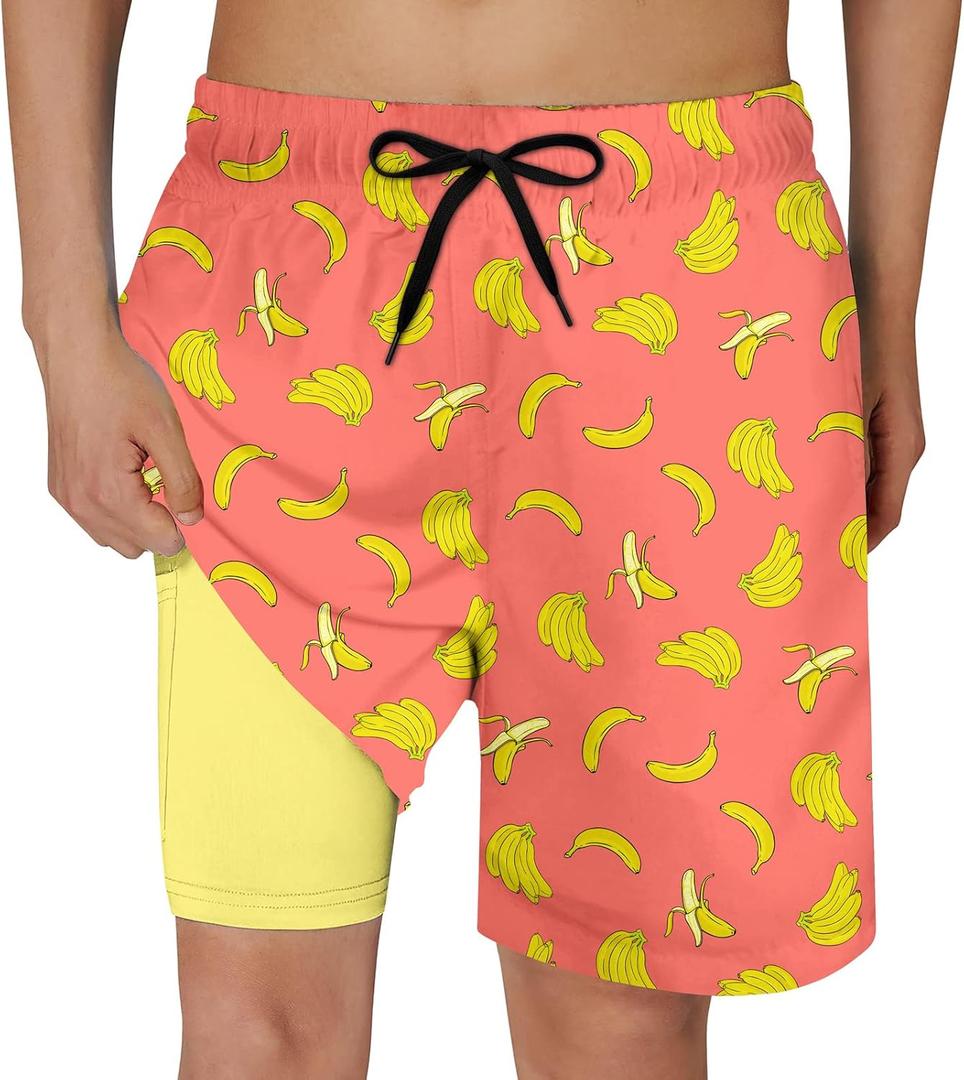 Cozople Boys Swim Trunks Compression Liner Swim Shorts Quick Dry Bathing Suit with Boxer Brief Swimwear 2-20T (4T, Banana)