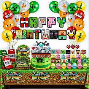 Pixel Game Birthday Party Decorations - Miner Supplies Set Gaming Theme - Including Banner Balloons Tablecloth Plates Toppers Napkins Favor Bags - Mining Bday Pack Craft Decor Kit Boys Girls
